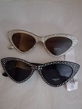 BEBE 🕶 Sunglasses 2 Pair Rhinestone Cats Eye  Black & Silver 0624 1019 NEW NWT